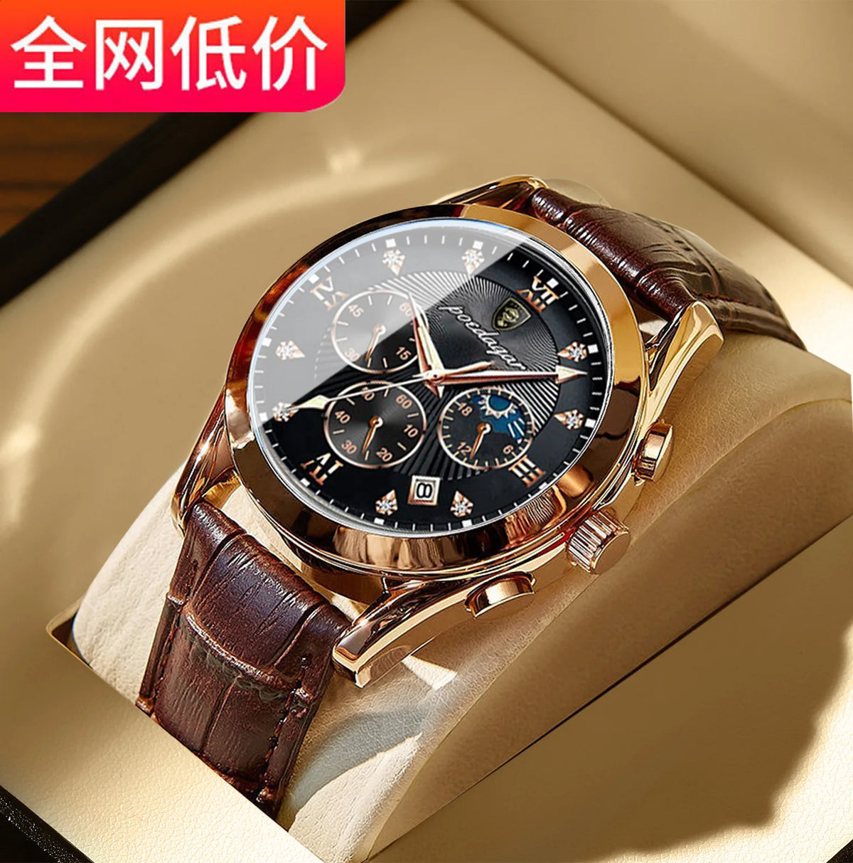 Men's Leather Strap Watch with Stopwatch