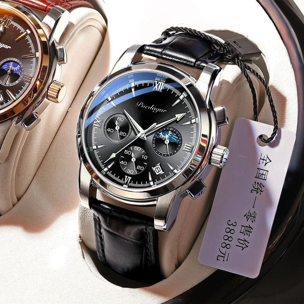 Men's Leather Strap Watch with Stopwatch