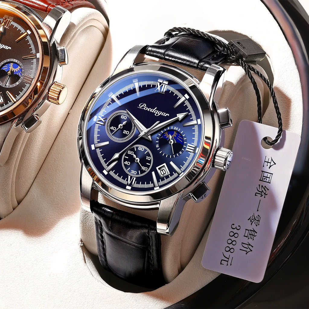 Men's Leather Strap Watch with Stopwatch