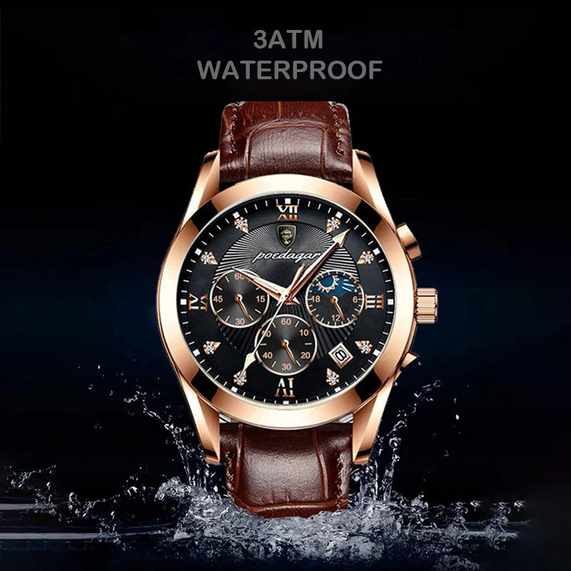 Men's Leather Strap Watch with Stopwatch