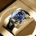 Men's Leather Strap Watch with Stopwatch