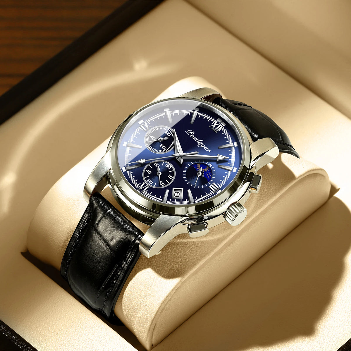 Men's Leather Strap Watch with Stopwatch