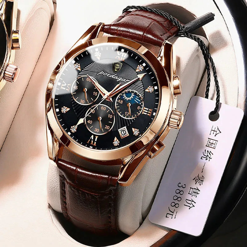 Men's Leather Strap Watch with Stopwatch