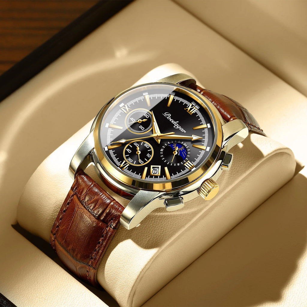 Men's Leather Strap Watch with Stopwatch