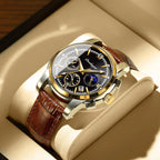 Men's Leather Strap Watch with Stopwatch