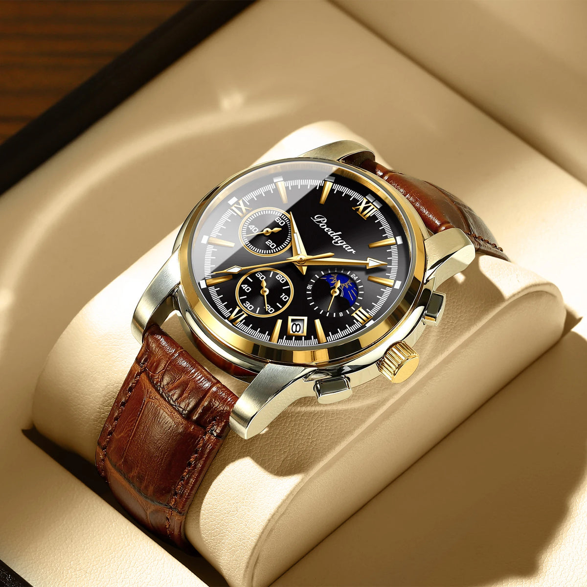 Men's Leather Strap Watch with Stopwatch