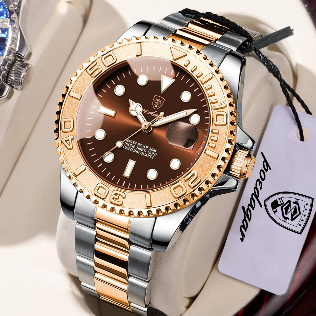 POEDAGAR Men's Stainless Steel Quartz Watch, Splash-Resistant with Luminous Hands and Date Display, Classic Casual Design