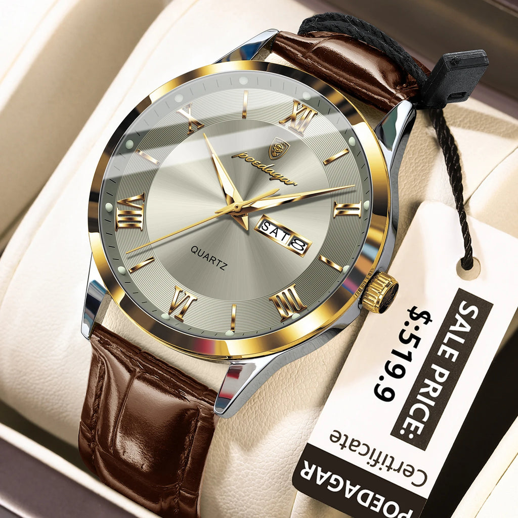 POEDAGAR Top Luxury Watch For Men Military Waterproof Luminous Date Week Man Wristwatch Leather Men's Quartz Watches Sport Reloj