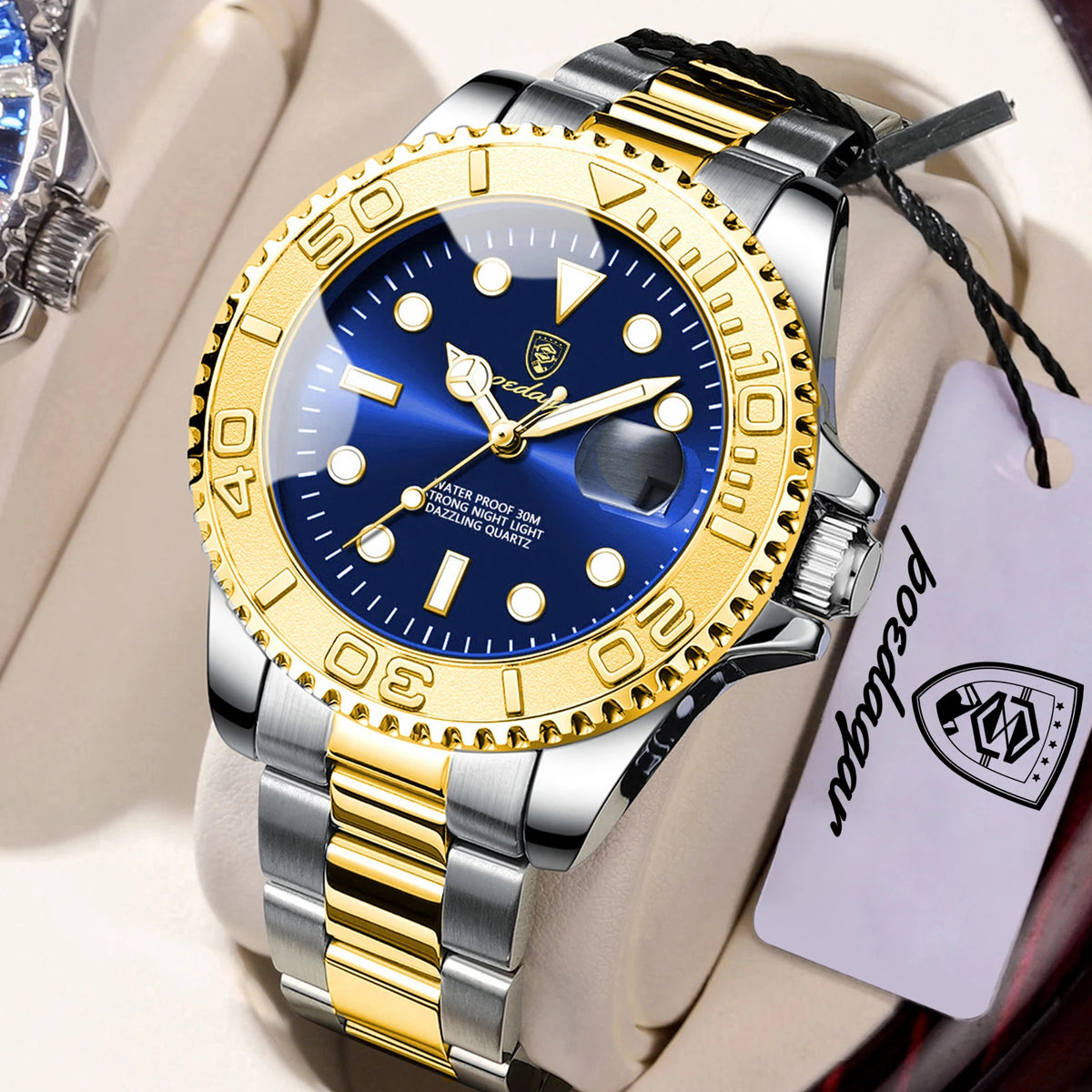 POEDAGAR Men's Stainless Steel Quartz Watch, Splash-Resistant with Luminous Hands and Date Display, Classic Casual Design