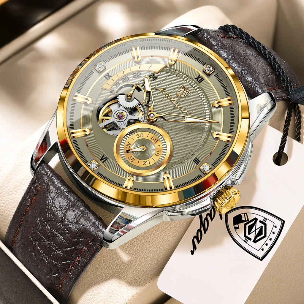 POEDAGAR Casual Luxury Men Clock Luminous Hollow Tourbillon Automatic Man Wristwatch Mechanical Leather Men's Watches Reloj Male
