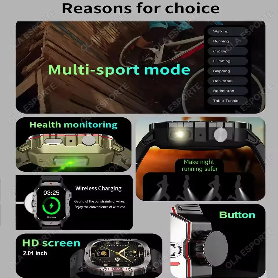 Rugged Military Smart Watch Men's Outdoor Watch LED Flashlight 2.01'' HD Touch Screen Voice Bluetooth Call Smartwatch Gifts HT30