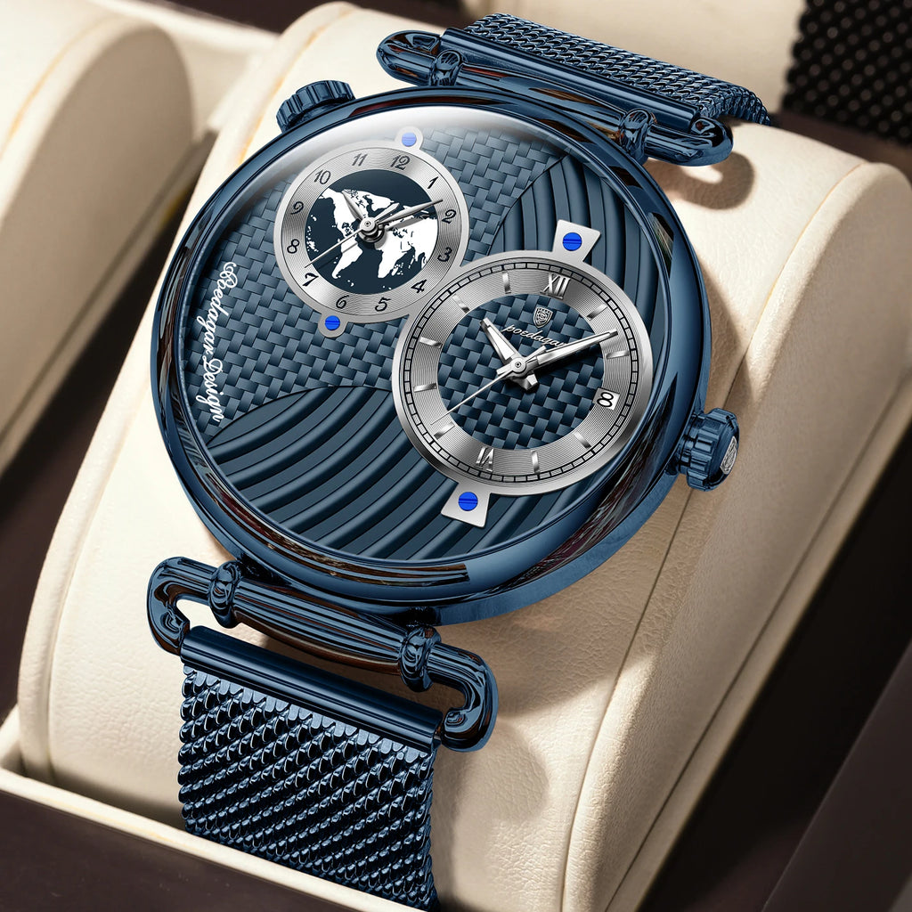 POEDAGAR Fashion Man Clock Dual Time Zone Display Waterproof Date Men Watch Sports Mesh Stainless Steel Men's Quartz Watches+Box