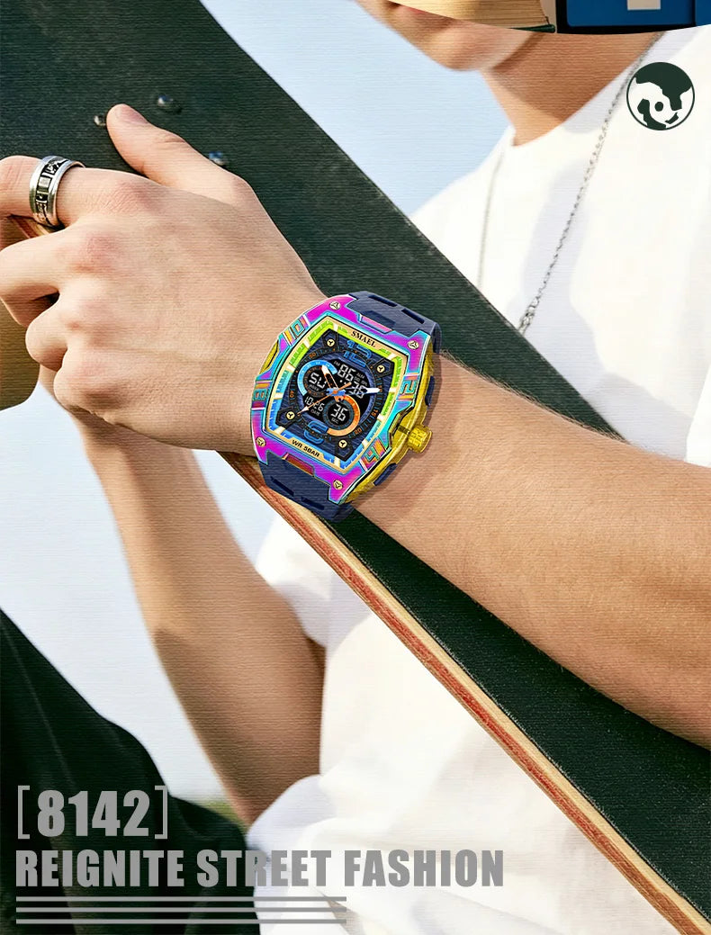 SMAEL 8142 Men's Analog Digital Dual Display Watch - 50M Waterproof LED Backlight Alarm Chronograph Stopwatch