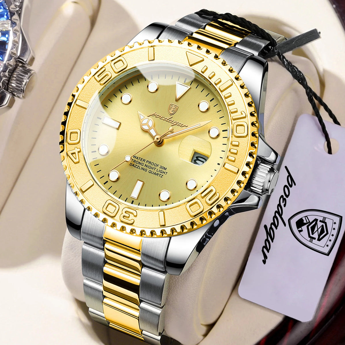POEDAGAR Men's Stainless Steel Quartz Watch, Splash-Resistant with Luminous Hands and Date Display, Classic Casual Design