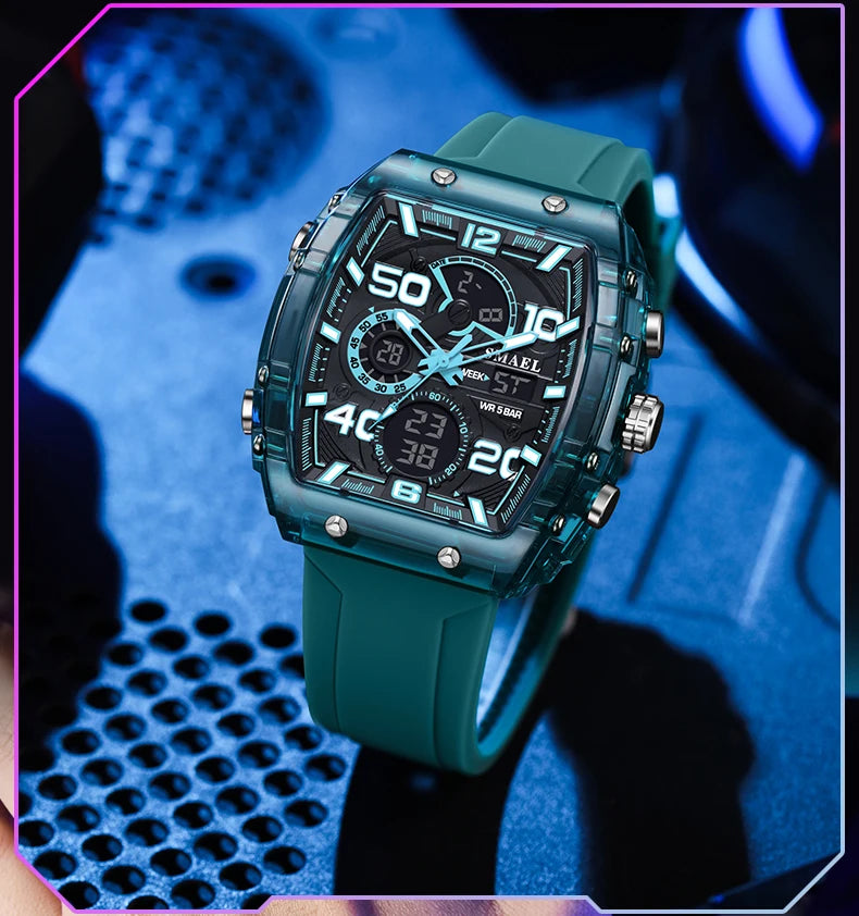 SMAEL 8109 Men's Square Analog Digital Dual Display Watch - 50M Waterproof LED Backlight Alarm Chronograph Calendar