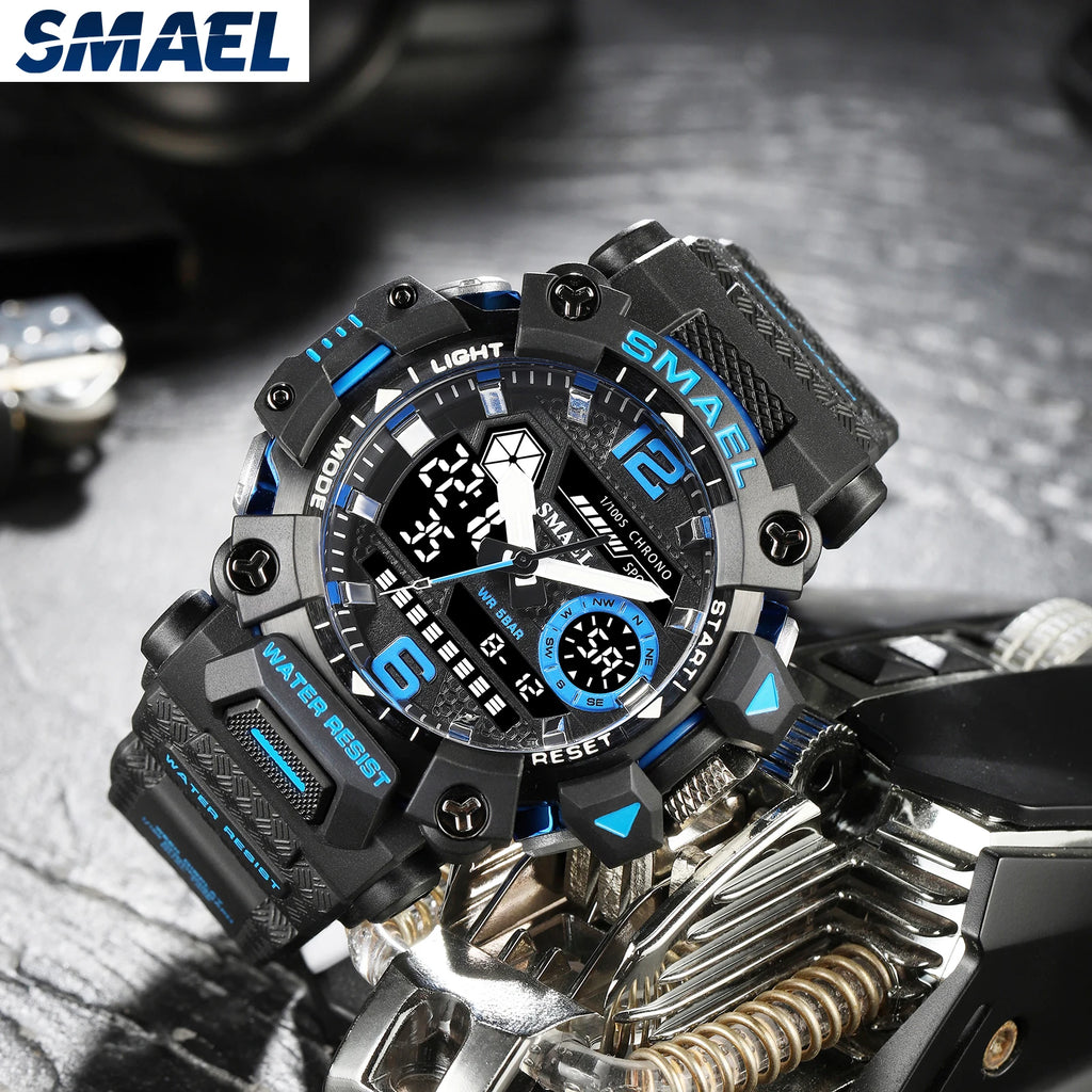 SMAEL Men Watches  50m Waterproof Sports Watch Military Man Sports Watch Digital 8072 Dual Display Watch  Quartz  Led Digital
