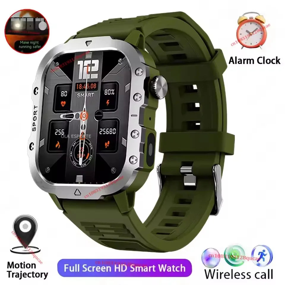 Rugged Military Smart Watch Men's Outdoor Watch LED Flashlight 2.01'' HD Touch Screen Voice Bluetooth Call Smartwatch Gifts HT30