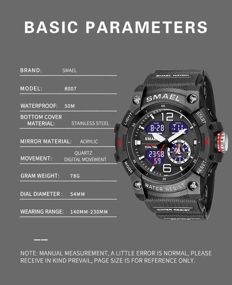 SMAEL 8007 Men’s Transparent Fashion Watch — 50-metre water resistance, LED backlight, alarm, chronograph, stopwatch