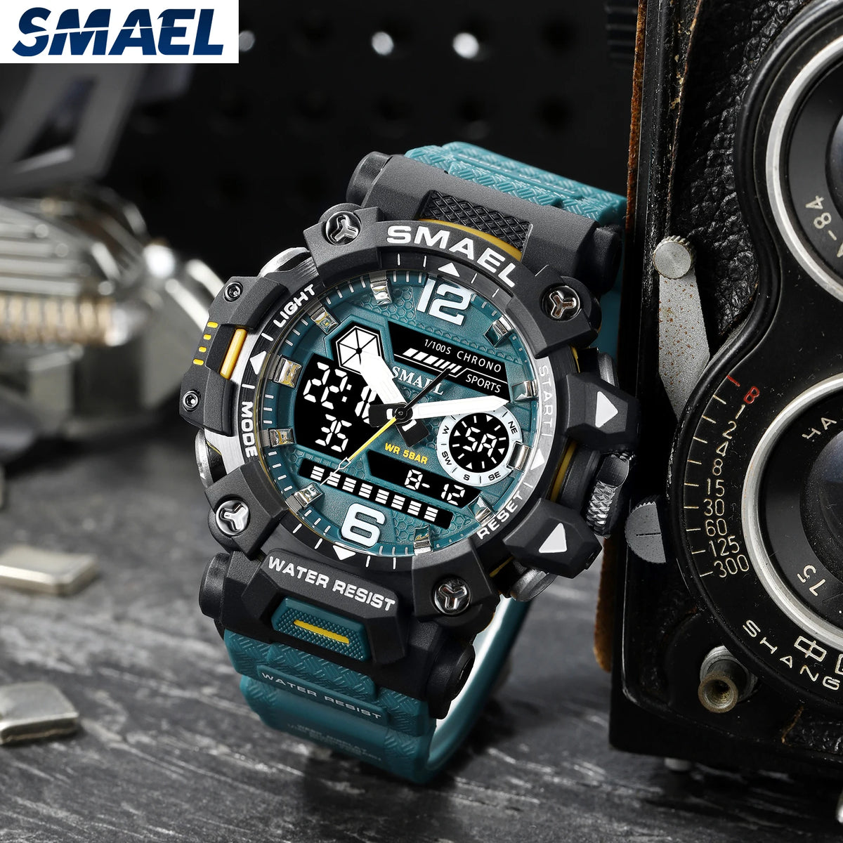 SMAEL Men Watches  50m Waterproof Sports Watch Military Man Sports Watch Digital 8072 Dual Display Watch  Quartz  Led Digital
