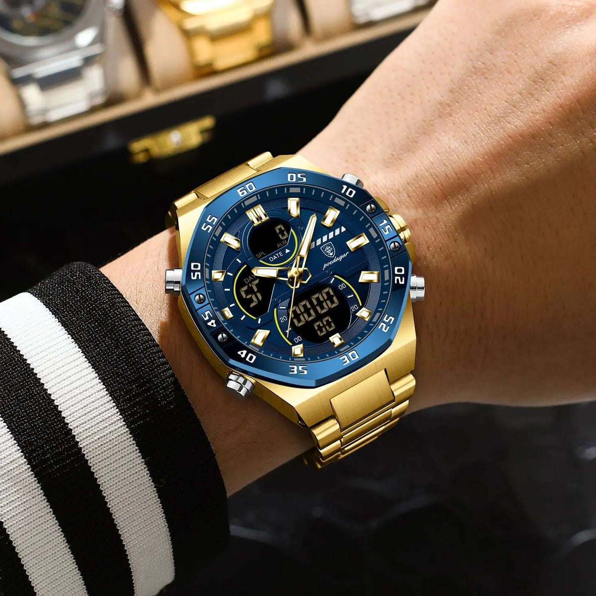 POEDAGAR Top Original Men Clock LED Luminous Waterproof Week Date Man Wristwatch Electronic Stainless Steel Quartz Men's Watches