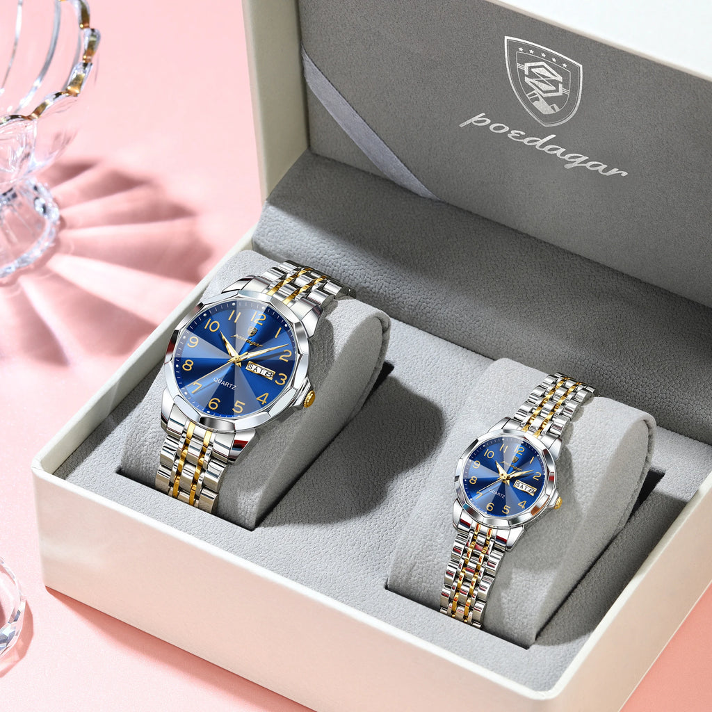 POEDAGAR Top Fashion Watches For Couple Waterproof Date Week Couple's Watches Quartz Stainless Steel Couple Watch Lovers Set+Box