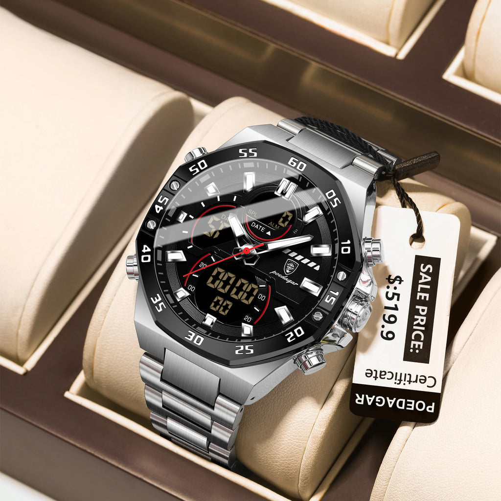 POEDAGAR Top Original Men Clock LED Luminous Waterproof Week Date Man Wristwatch Electronic Stainless Steel Quartz Men's Watches