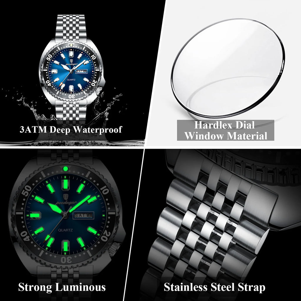POEDAGAR Luxury Sports Men Wristwatch Quartz Luminous Waterproof Calendar Week Man Clock Stainless Steel Men's Watches Reloj+Box