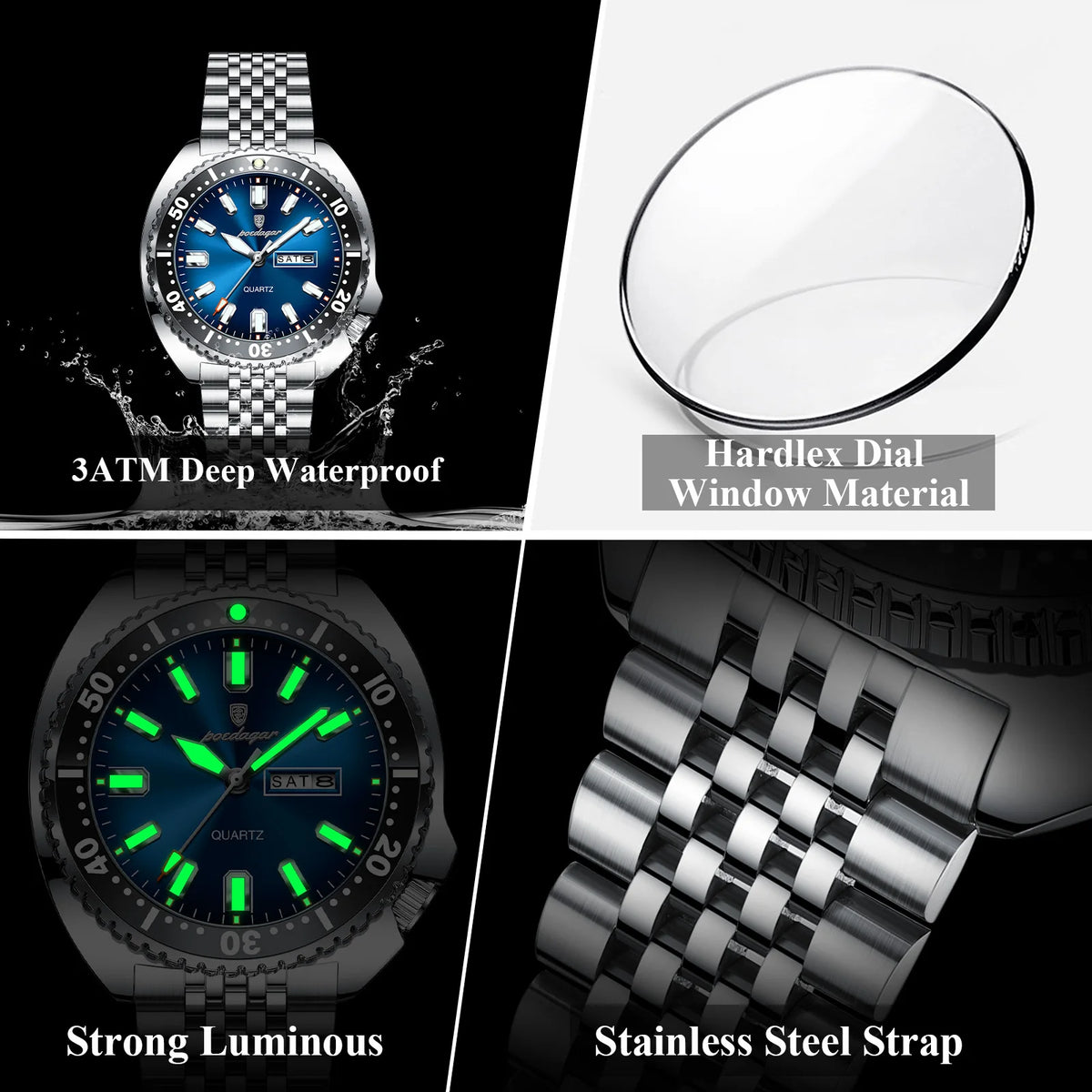 POEDAGAR Luxury Sports Men Wristwatch Quartz Luminous Waterproof Calendar Week Man Clock Stainless Steel Men's Watches Reloj+Box