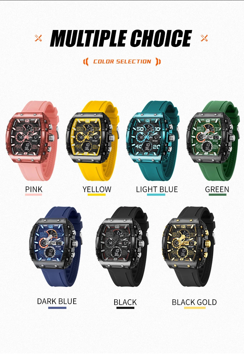 SMAEL 8109 Men's Square Analog Digital Dual Display Watch - 50M Waterproof LED Backlight Alarm Chronograph Calendar
