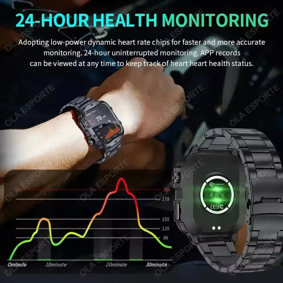 Rugged Military Smart Watch Men's Outdoor Watch LED Flashlight 2.01'' HD Touch Screen Voice Bluetooth Call Smartwatch Gifts HT30