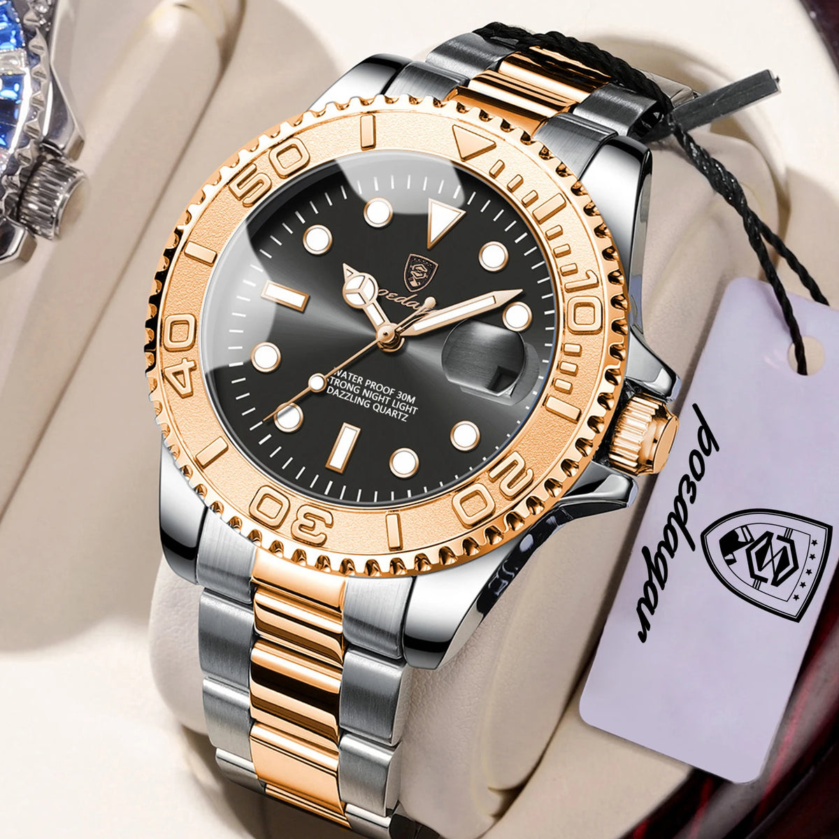 POEDAGAR Men's Stainless Steel Quartz Watch, Splash-Resistant with Luminous Hands and Date Display, Classic Casual Design
