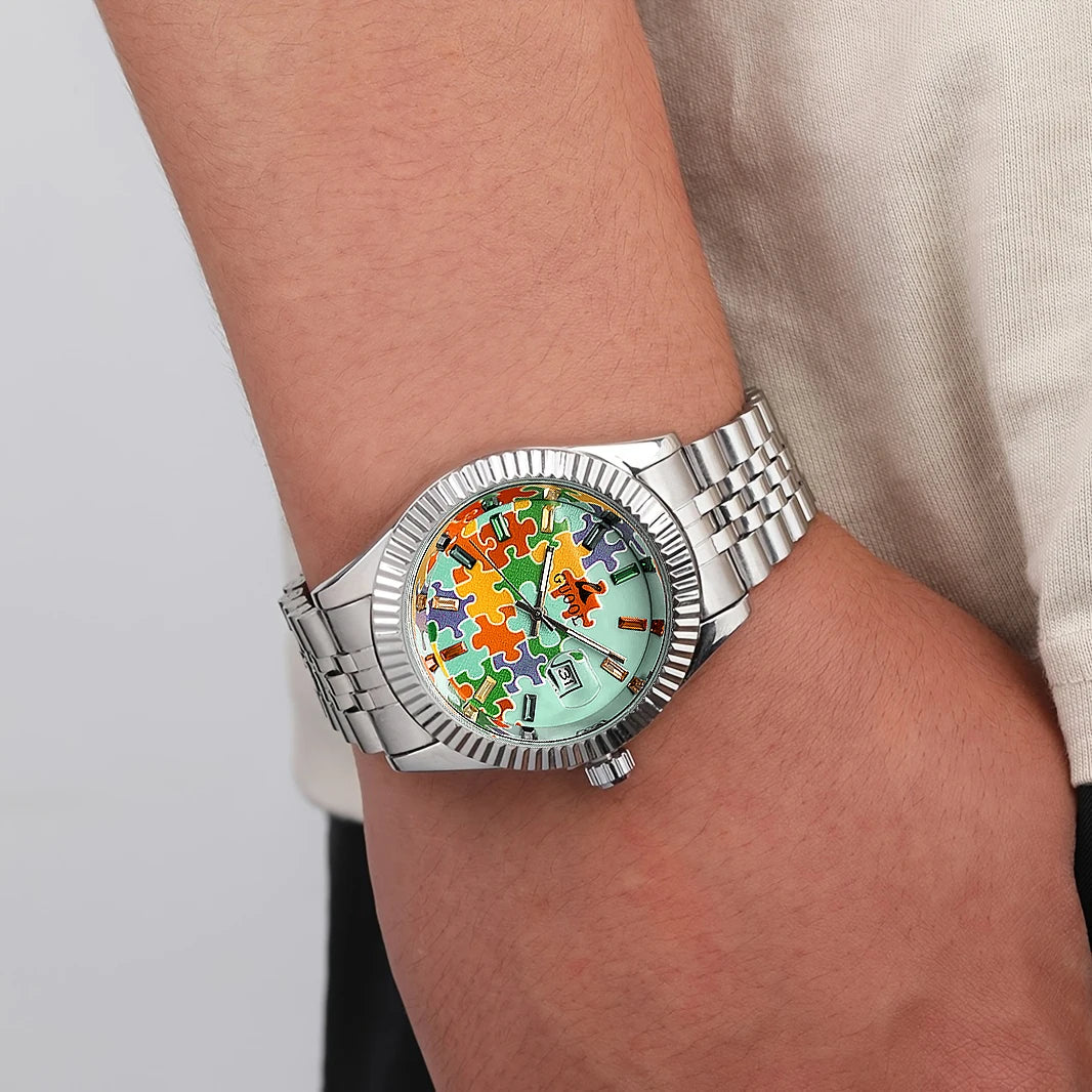New Hot-Selling Men's Stainless Steel Five-Link Steel Band Watch with Puzzle Pattern, Business Style, Round Case, Calendar Display Function, Valentine's Day Gift, Father's Day Gift, Holiday Gift, Halloween Gift, Christmas Gif