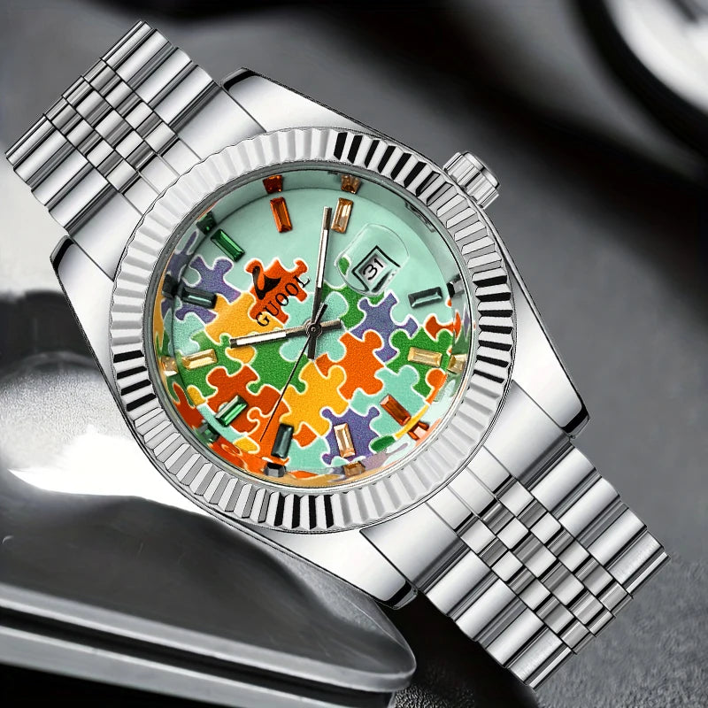 New Hot-Selling Men's Stainless Steel Five-Link Steel Band Watch with Puzzle Pattern, Business Style, Round Case, Calendar Display Function, Valentine's Day Gift, Father's Day Gift, Holiday Gift, Halloween Gift, Christmas Gif