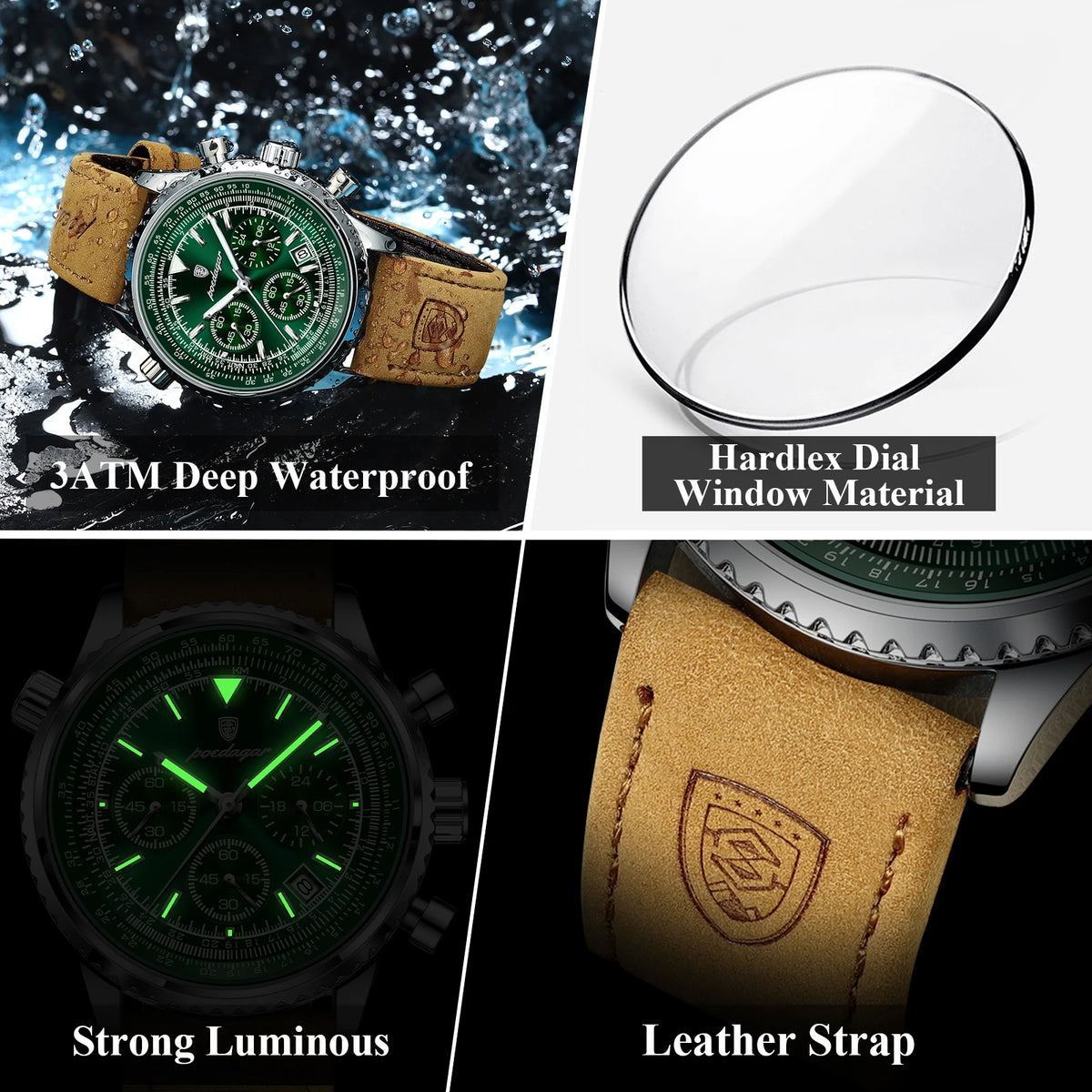POEDAGAR Top Luxury Man Wristwatch Sport Fashion Leather Quartz Watch For Men Chronograph Date Waterproof Luminous Men's Watches