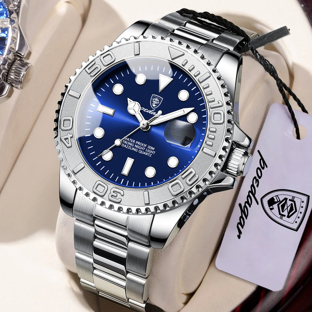 POEDAGAR Men's Stainless Steel Quartz Watch, Splash-Resistant with Luminous Hands and Date Display, Classic Casual Design