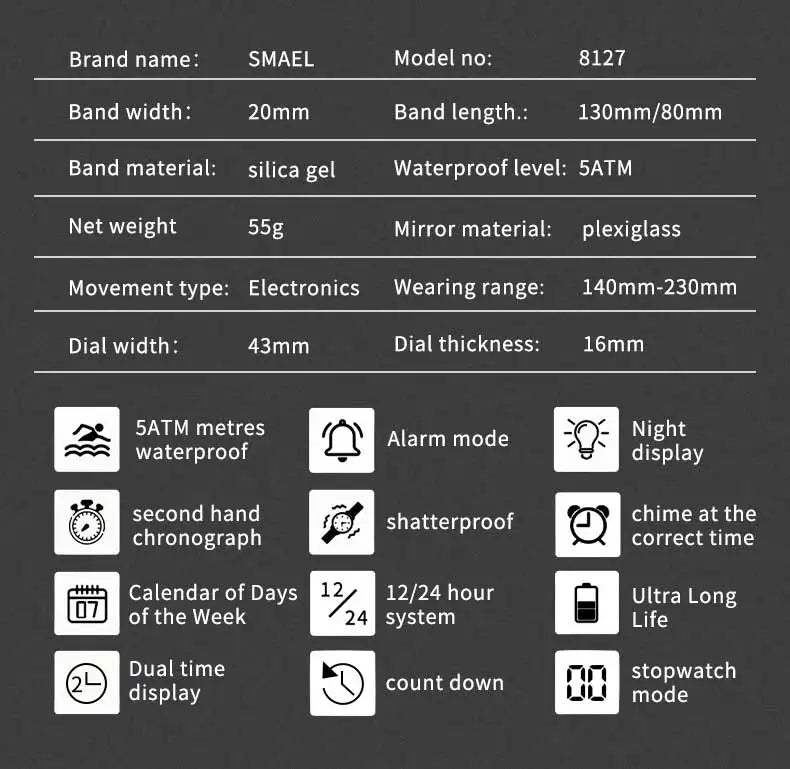 SMAEL 8127 Men's Digital Sport Watch - 50M Waterproof LED Backlight Alarm Chronograph Stopwatch