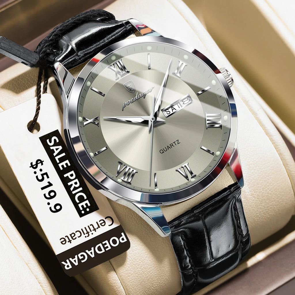 POEDAGAR Top Luxury Watch For Men Military Waterproof Luminous Date Week Man Wristwatch Leather Men's Quartz Watches Sport Reloj