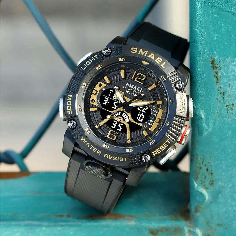 Sport Watches Waterproof SMAEL Male Clock Digital LED Display Quartz Analog Stopwatch Fashion Green Orange Clock 8058 Men Watch