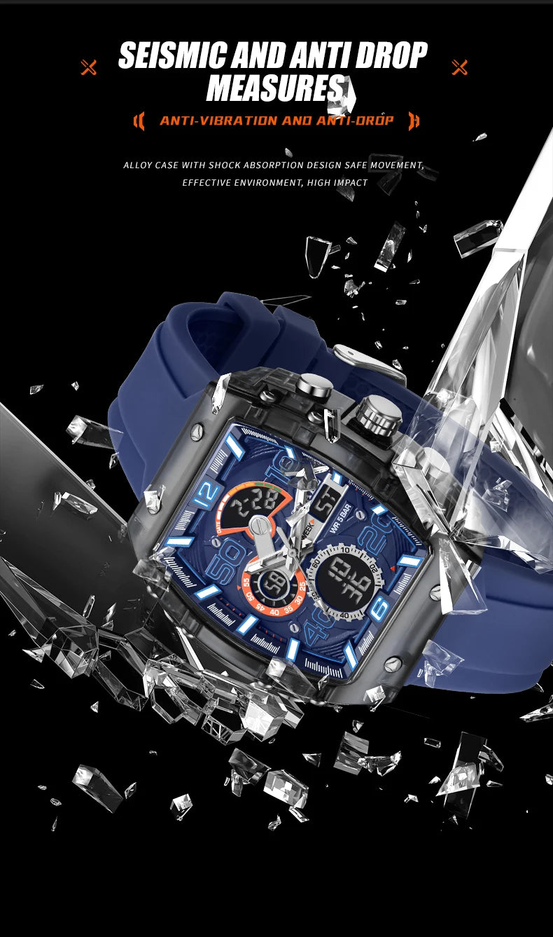 SMAEL 8109 Men's Square Analog Digital Dual Display Watch - 50M Waterproof LED Backlight Alarm Chronograph Calendar