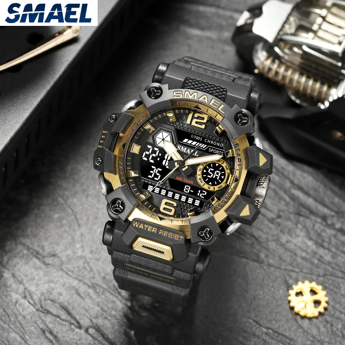 SMAEL Men Watches  50m Waterproof Sports Watch Military Man Sports Watch Digital 8072 Dual Display Watch  Quartz  Led Digital