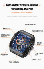 SMAEL 8109 Men's Square Analog Digital Dual Display Watch - 50M Waterproof LED Backlight Alarm Chronograph Calendar