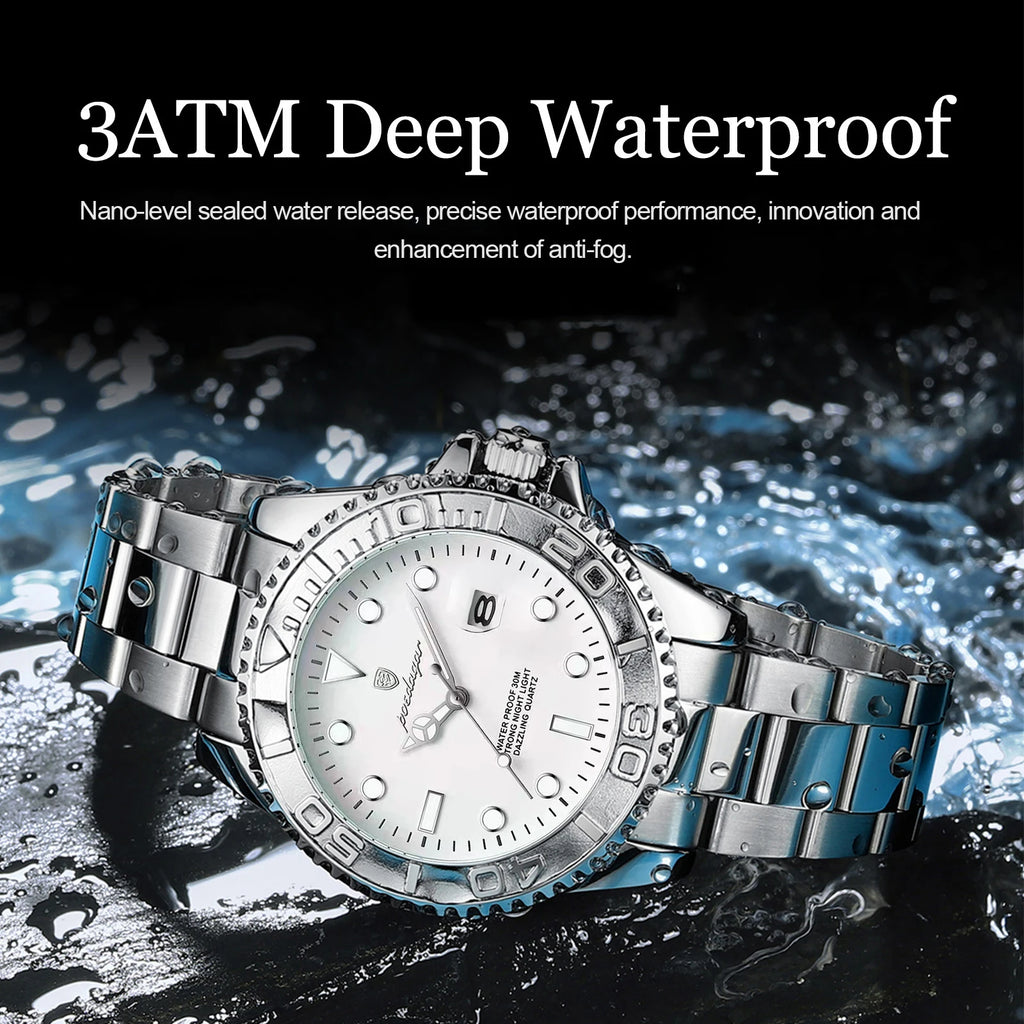POEDAGAR Men's Stainless Steel Quartz Watch, Splash-Resistant with Luminous Hands and Date Display, Classic Casual Design