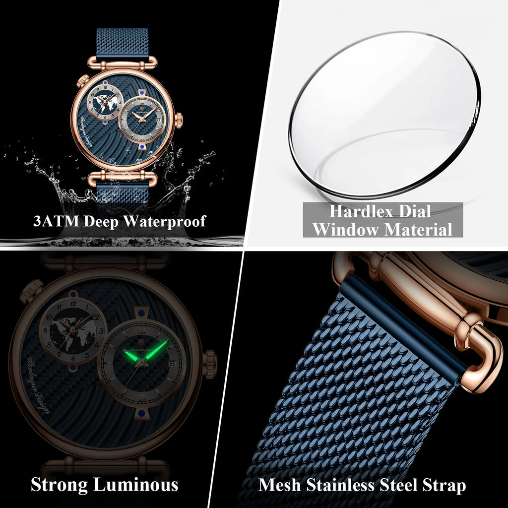 POEDAGAR Fashion Man Clock Dual Time Zone Display Waterproof Date Men Watch Sports Mesh Stainless Steel Men's Quartz Watches+Box