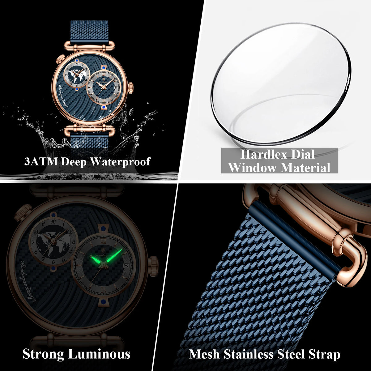 POEDAGAR Fashion Man Clock Dual Time Zone Display Waterproof Date Men Watch Sports Mesh Stainless Steel Men's Quartz Watches+Box