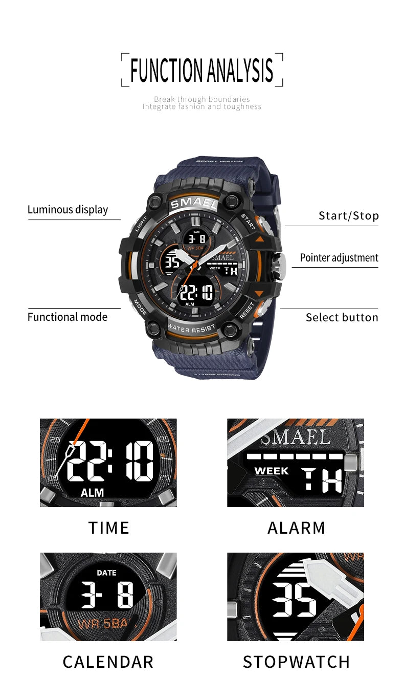 SMAEL 8079 Men's Army Green Analog Digital Dual Display Watch - 50M Waterproof LED Backlight Alarm Chronograph