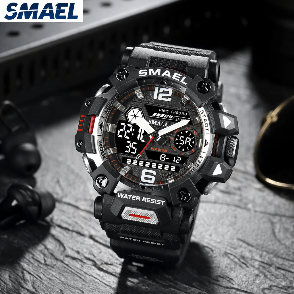 SMAEL Men Watches  50m Waterproof Sports Watch Military Man Sports Watch Digital 8072 Dual Display Watch  Quartz  Led Digital
