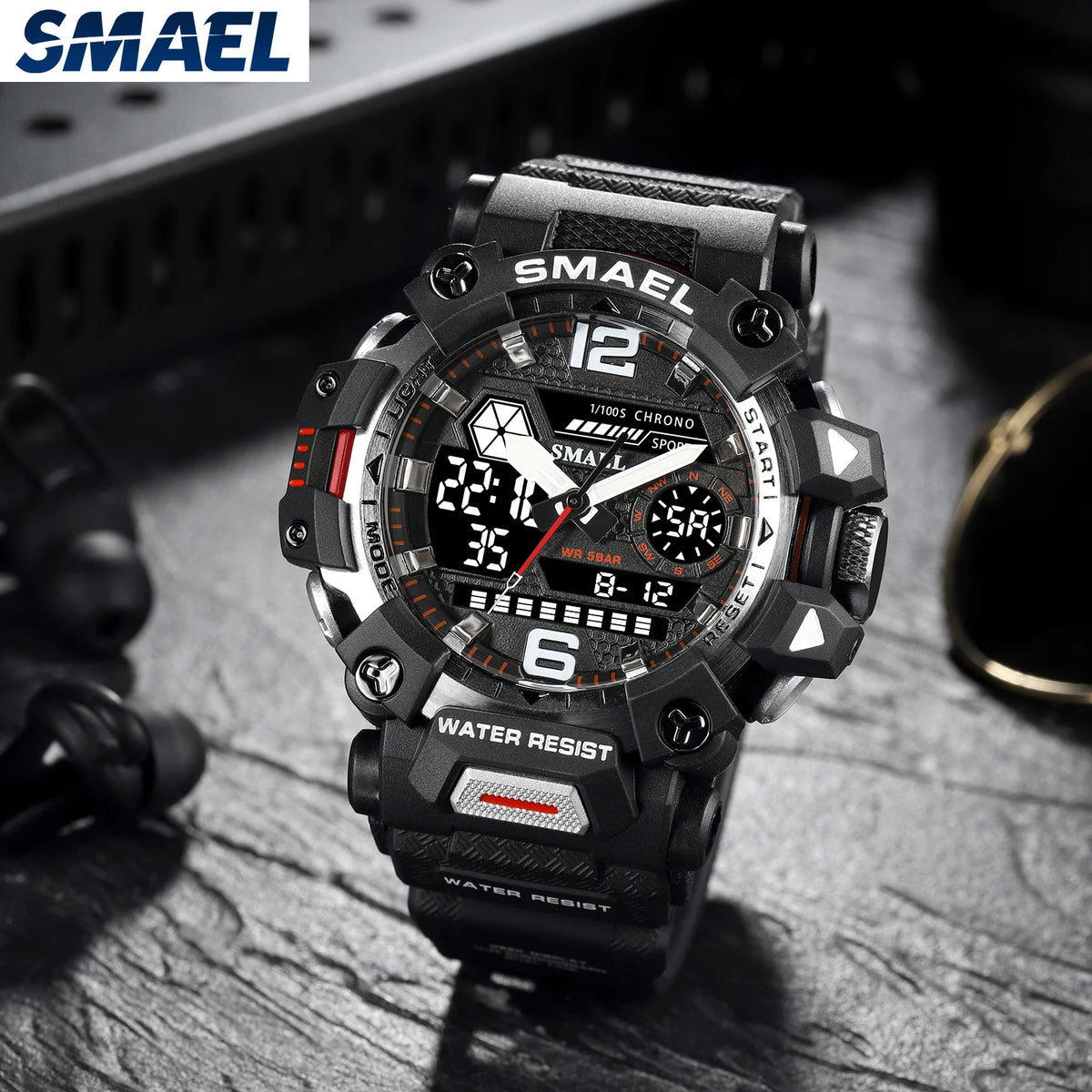 SMAEL Men Watches  50m Waterproof Sports Watch Military Man Sports Watch Digital 8072 Dual Display Watch  Quartz  Led Digital