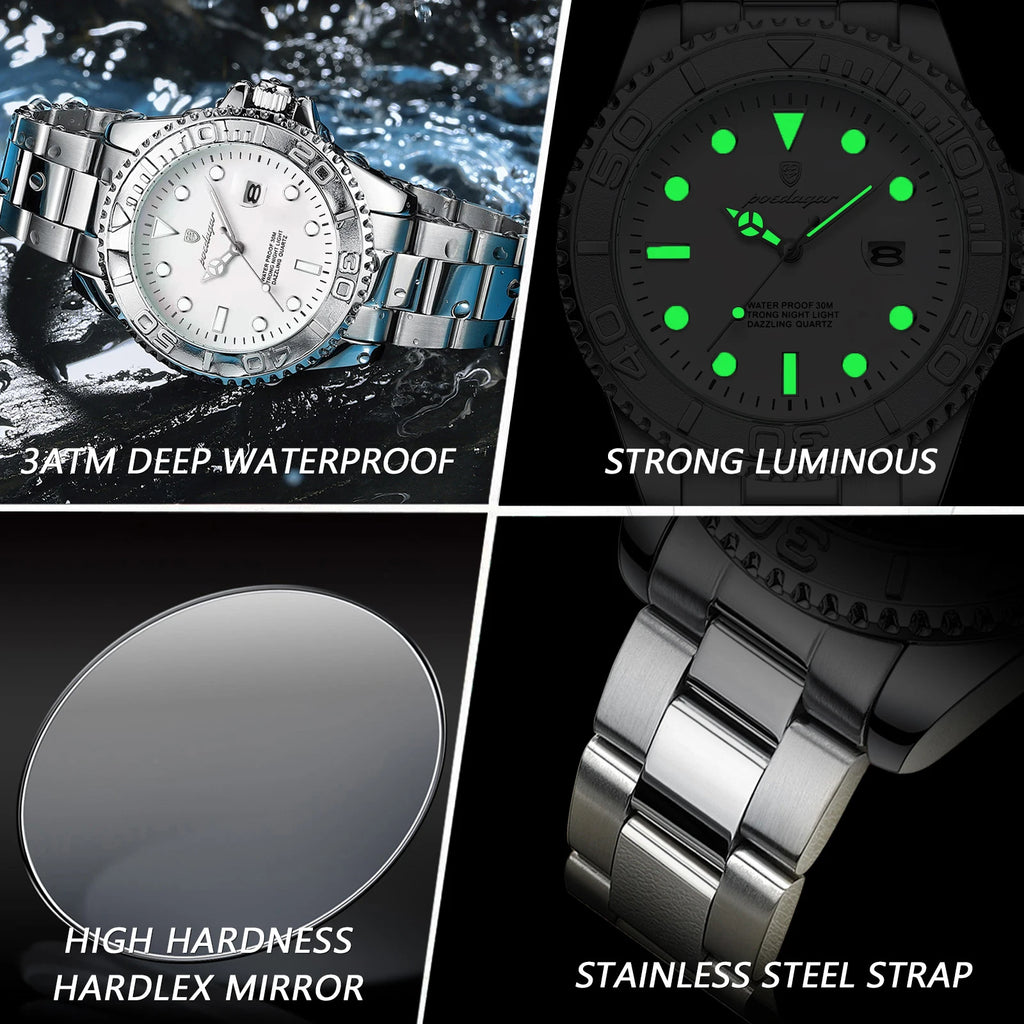 POEDAGAR Men's Stainless Steel Quartz Watch, Splash-Resistant with Luminous Hands and Date Display, Classic Casual Design