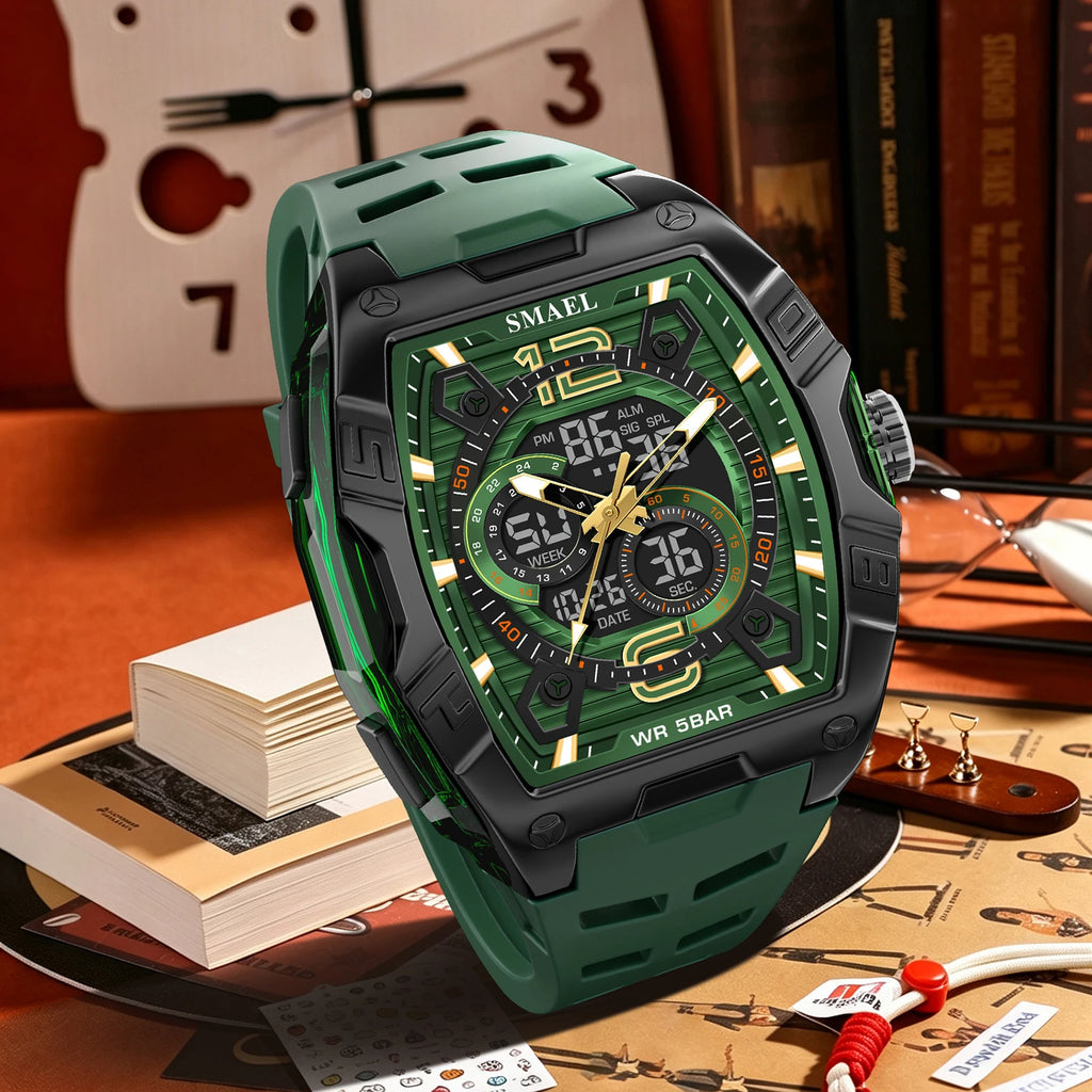 SMAEL 8142 Men's Analog Digital Dual Display Watch - 50M Waterproof LED Backlight Alarm Chronograph Stopwatch