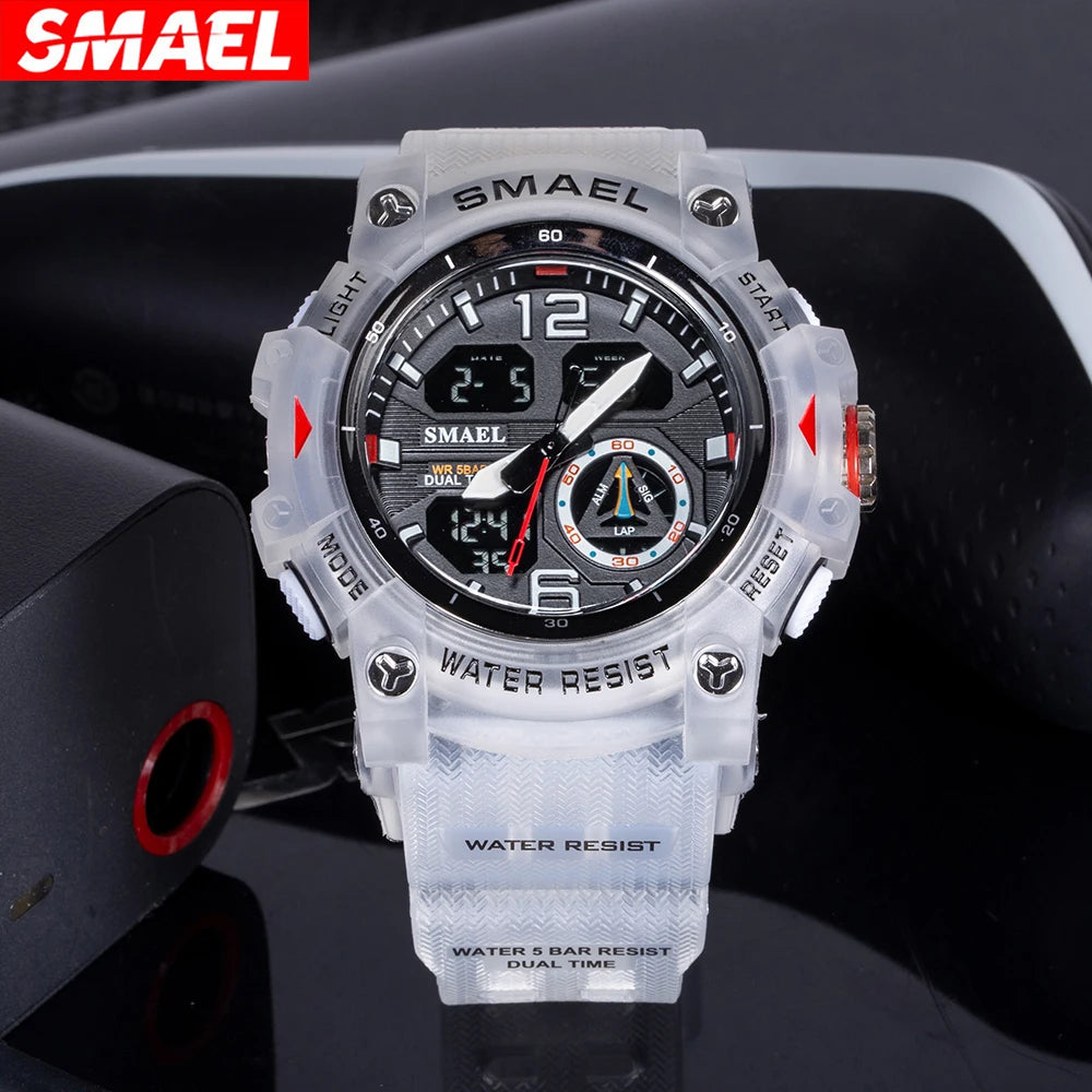 SMAEL 8007 Men’s Transparent Fashion Watch — 50-metre water resistance, LED backlight, alarm, chronograph, stopwatch